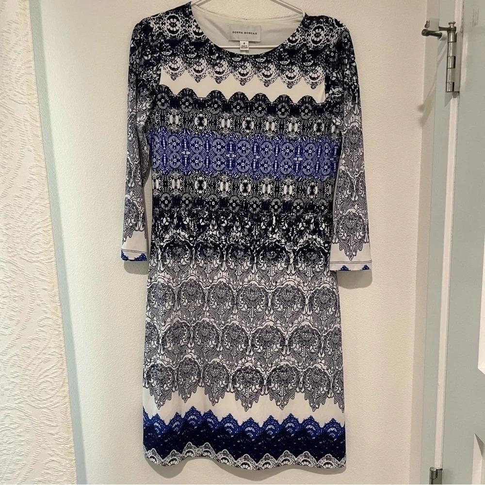 Donna Morgan Blue and White Patterned Dress